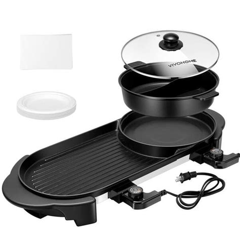 Vivohome In Electric Indoor Black Grill And Hot Pot With Removable Pot And Non Stick Baking