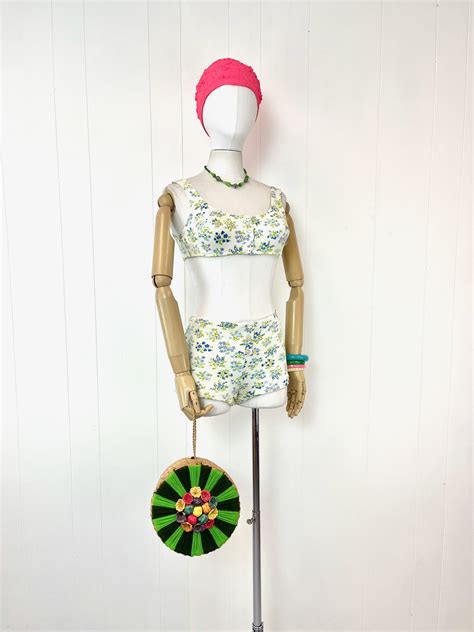 S Bikini Floral Print White Green Two Piece Swimsuit Bathing Suit