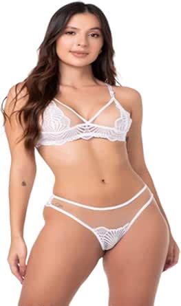 Conjunto Lingerie Sensual Transparente Renda Sutia Sem Bojo Calcinha Fio Dental Belle Fascino