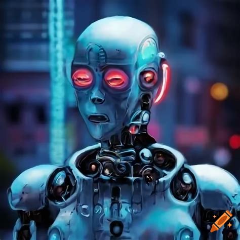 Futuristic Sci Fi Robot In Neon Lit Street