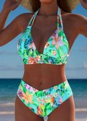 Mid Waisted Tropical Plants Print Mint Green Bikini Set Modlily USD 34 98