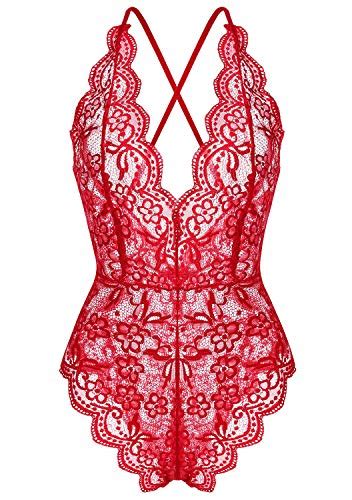 ZSWDXX Women Lingerie Bodysuit Babydoll One Piece Lace Halter Teddy Chemise Sleepwear Wine Red
