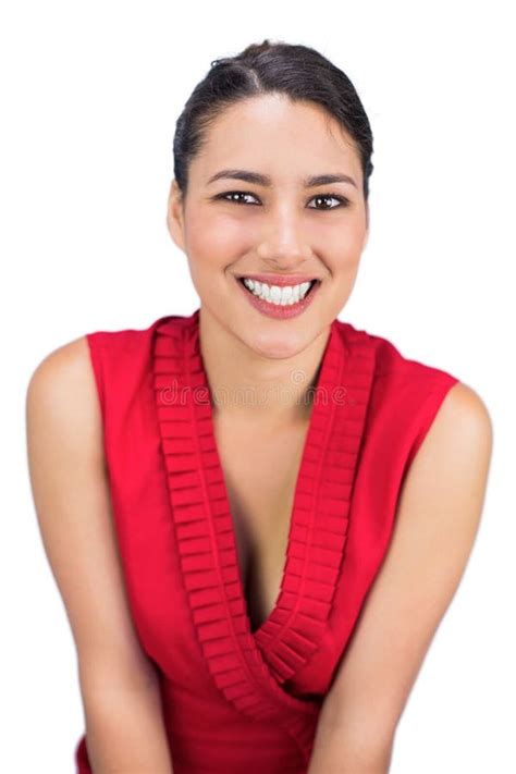 Tied Haired Brunette In Red Dress Thinking Stock Photo Image Of