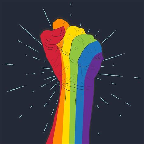 Mano de color arcoíris con un puño levantado concepto lgbt del orgullo gay Vector Premium