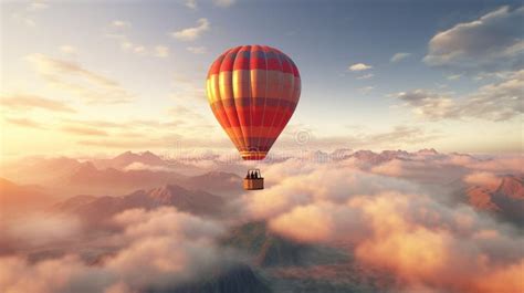 A Hot Air Balloon Rises Into The Sky Carrying Passengers On An Adventure Above The Clouds Stock