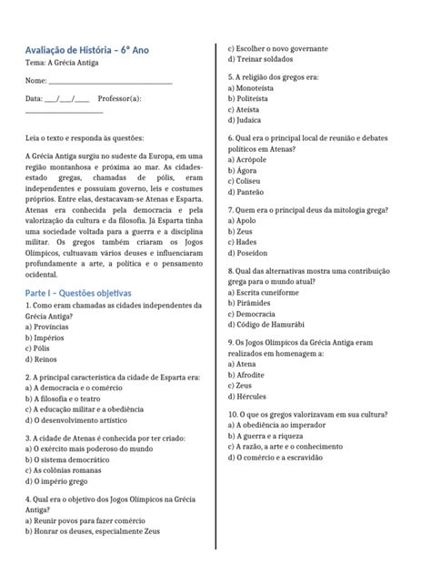 30 Perguntas E Respostas Sobre A Grécia Antiga 6 Ano - Avaliação sobre a Grécia Antiga - 6º Ano | PDF | Grécia Antiga | Grécia