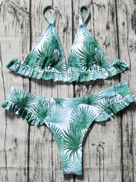 Floral Print Ruffled Triangles Split Bikini Swimsuit