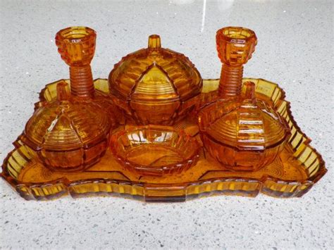 A Gorgeous 1930s Amber Glass Art Deco Dressing Table Companion Etsy Art Deco Dressing Table