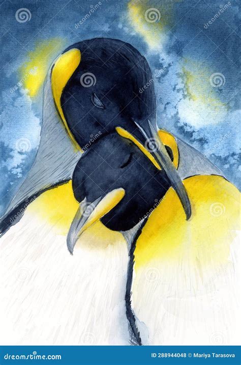 Watercolor Picture of Two Black Emperor Penguins Stock Illustration