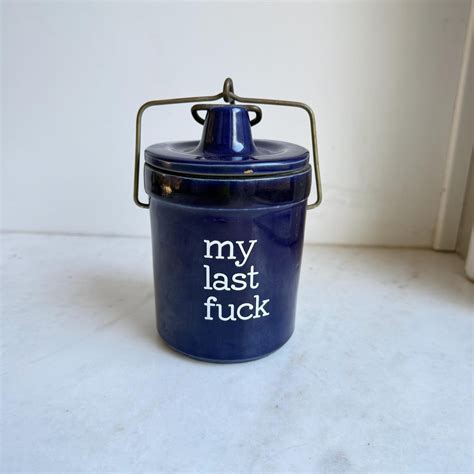 Suspicious My Last Fuck Stash Jar Cobalt Bright Blue Vintage Stoneware Jam Crock Bail Style