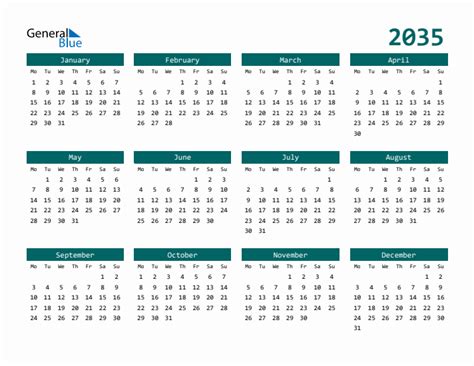 2035 Yearly Calendar Templates With Monday Start