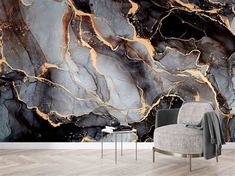 Abstract Mural 3d Wall Paper Gray And Black Marble Wall Art Modern