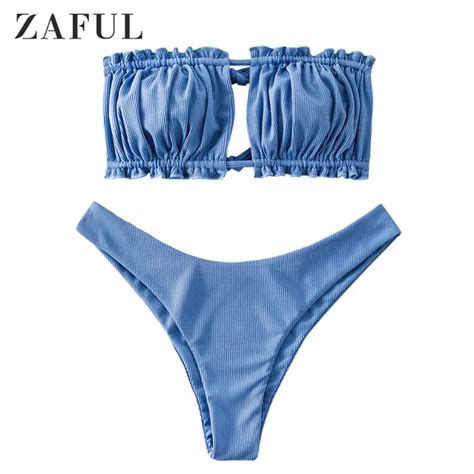 Zaful Ribbed Tie Cutout Bandeau Bikini Swimsuit Sexy Strapless Women Thong Piece Bikini Set