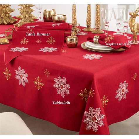 Holiday Snowflakes Red Embroidered Table Linens