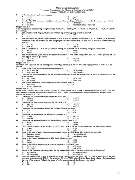 Mock Board Examination Licensure Examination For Chemical Engineers