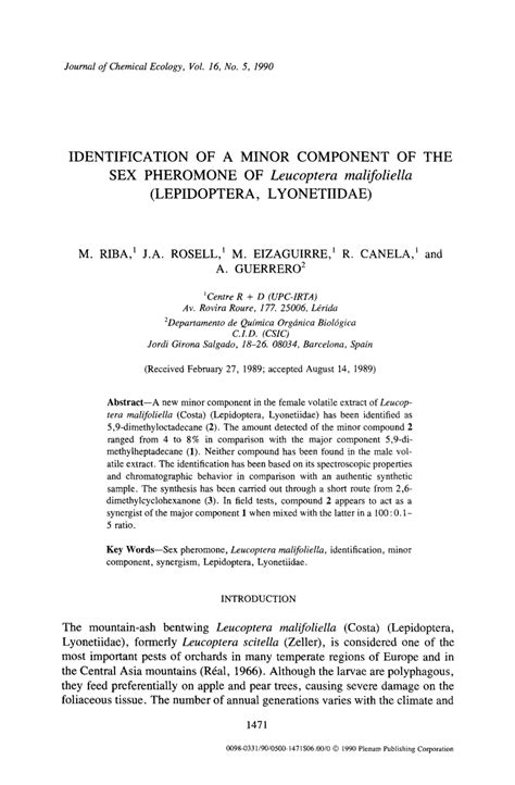 PDF Identification Of A Minor Component Of The Sex Pheromone Of Leucoptera Malifoliella
