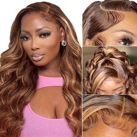 Amazon AHUFALU Ombre Blonde Lace Front Wigs Human Hair Body Wave 26 Inch 13x4 Brown