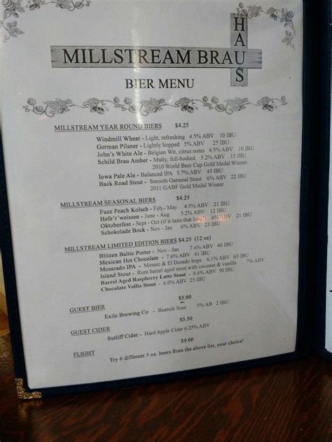 Menu At Millstream Brau Haus Restaurant Amana