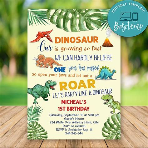 Editable Dinosaur First Birthday Invitations Instant Dowload | Bobotemp