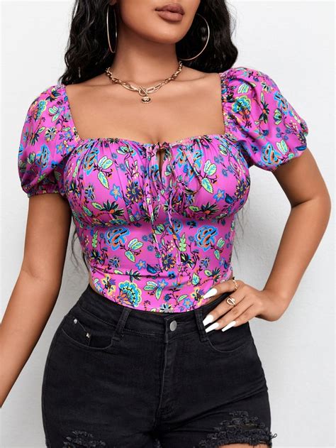 Multicolor Boho Collar Short Sleeve Polyester Floral All Over Print Top