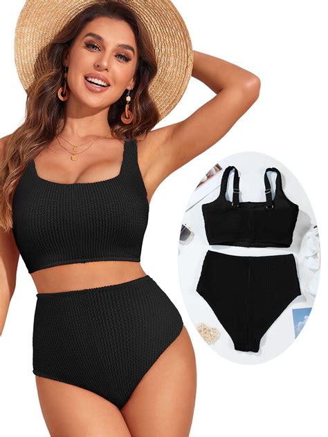 Eytino Bikini Set For Women Scrunch Square Neck Two Piece Swimsuits Color Block High Waisted