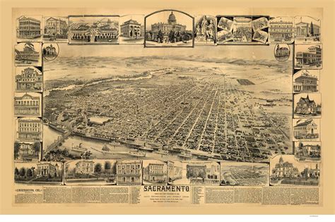 Sacremento California 1890 Birds Eye View Old Maps