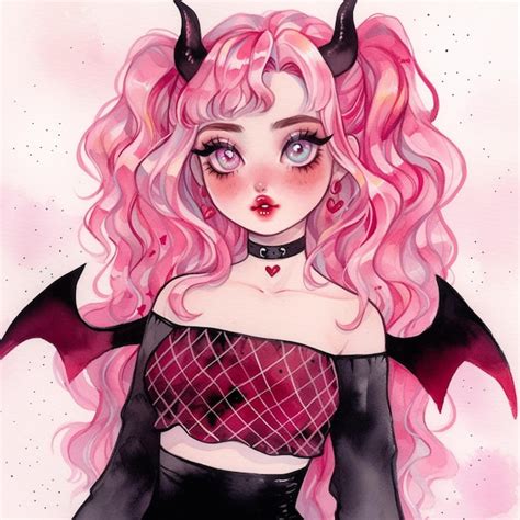 Premium Photo | Anime style drawing of a woman with pink hair and devil ...