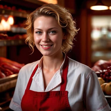 Premium Photo Smiling And Confident Female Butcher Selling Meat