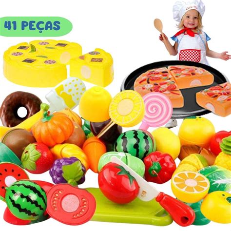 Kit Frutinhas Legumes De Brinquedo Velkro Cortar Faca Pizza Sorvete