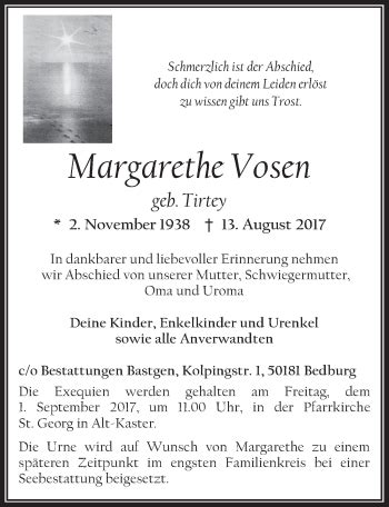 Traueranzeigen Von Margarethe Vosen Wirtrauern