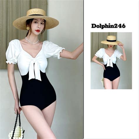 Bikini đi biển đồ bơi cho nữ liền thân ngắn tay cổ V nơ ngực xinh xắn phối màu đen trắng tôn