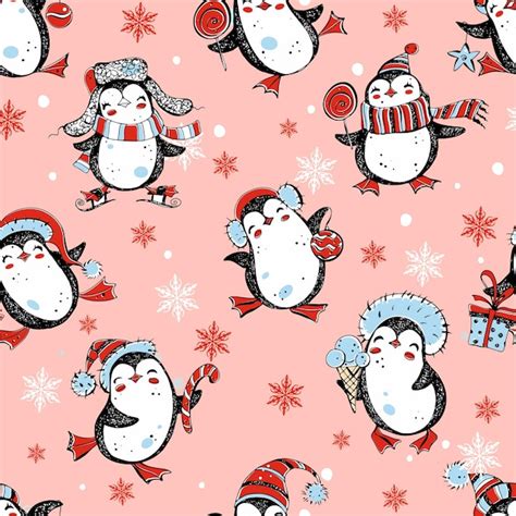 Patrones sin fisuras de navidad y año nuevo con lindos pingüinos y