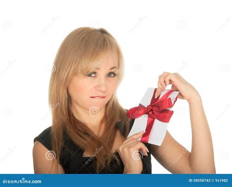 Beautiful Blonde Woman And Gift Postcard In Her Hands Feast Day Of St Stock Image Image Of