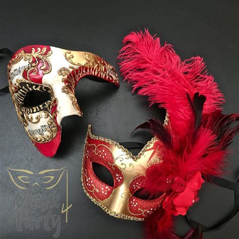 Masquerade Masks Half Face Phantom And Venetian Feather Redgold