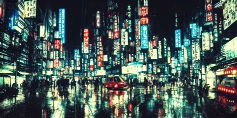 Underground Dystopian City Neo Tokyo At Night Rain Stable Diffusion