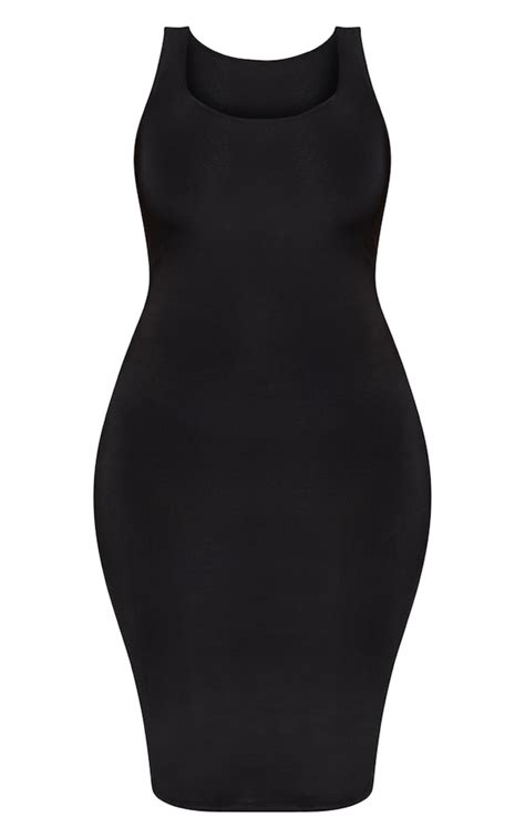 Plus Black Second Skin Double Layered Slinky Scoop Neck Midi