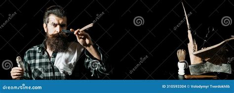 Beard Man With Classic Long Beard Bearded Gay Barber With Razor On Black Barbershop Shaving