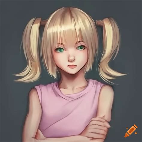 Anime Girl With Blonde Hair And Green Eyes In A Pink Sleeveless T Shirt On Craiyon