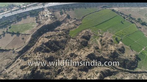 Chambal badlands aerial view with farms in winter greenery: dacoit days ...