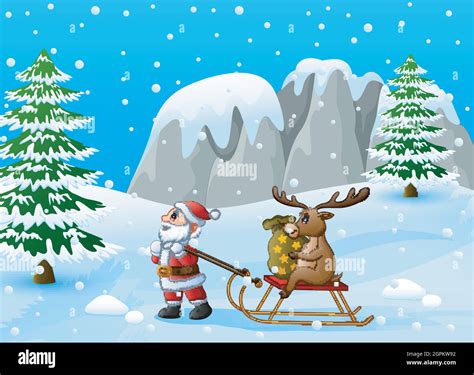 Cartoon Funny Santa Claus Pulling Reindeer On A Sleigh With Sack Of