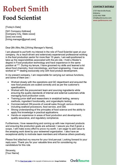 Food Scientist Cover Letter Examples QwikResume