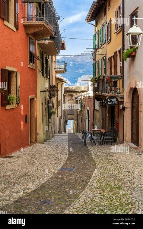 Scenic Cobbled Street Malcesine Lake Garda Veneto Italy Stock Photo