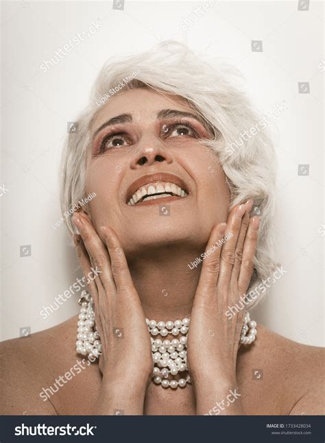 Nude Senior Woman Toothy Smiling Touching Stock Photo Shutterstock