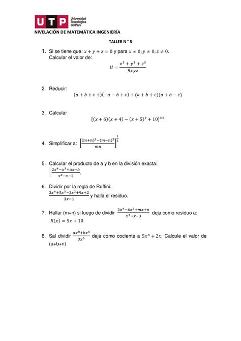 Taller n 5 TAREA NIVELACIN DE MATEMTICA INGENIERÕA TALLER N 5 1