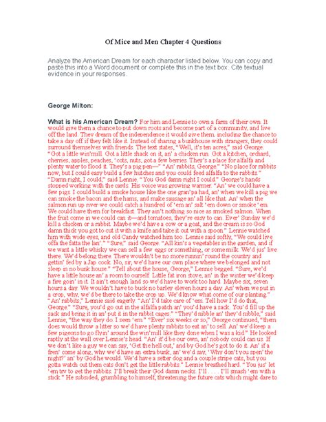 Of Mice and Men Chapter 4 MLA Questions - Of Mice and Men Chapter 4