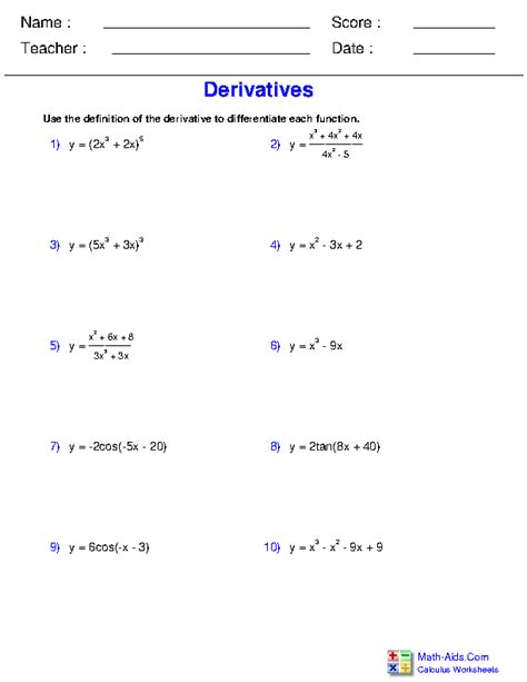 Calculus Worksheets Differentiation Rules Worksheets