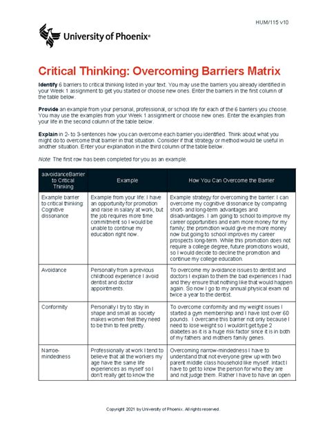 Hum V Wk Critical Thinking Overcoming Barriers Matrix Hum V