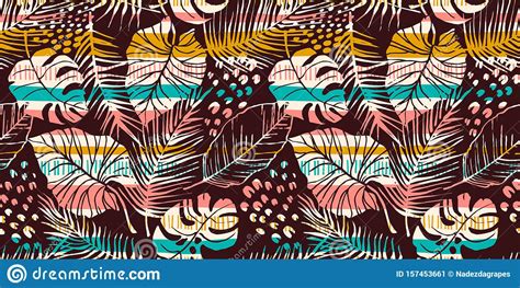 Abstract Seamless Pattern With Tropical Leaves Hand Draw Texture Stock