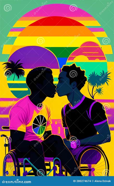 Portrait Kiss Of Two Black Gay Guys In Wheelchairs On The City Beach Stock Illustration