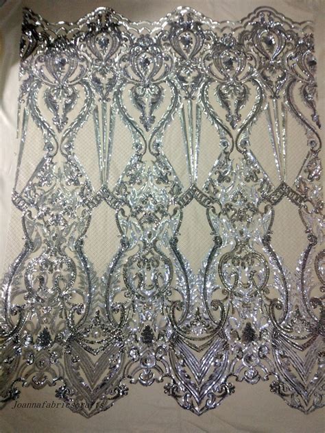 Silver Sequin Fabric Stretch Nude Mesh Embroidery Lace Fabric Prom